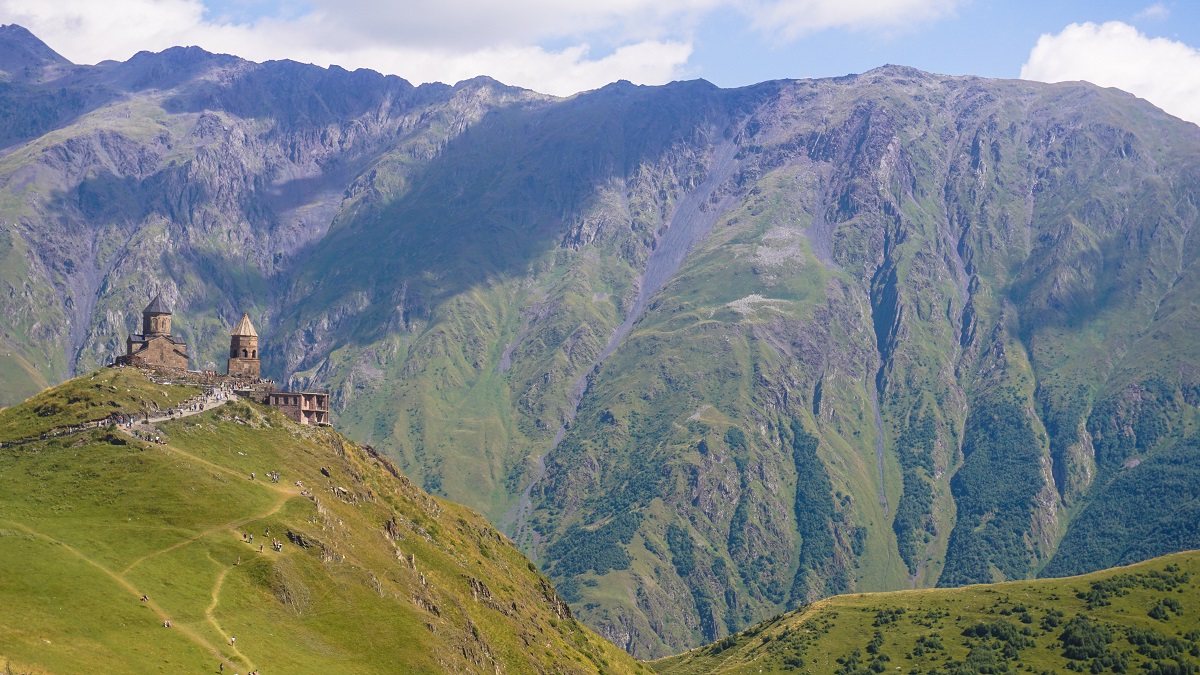 Gergeti Trinity Church in Kazbegi with Mount Shani at the background