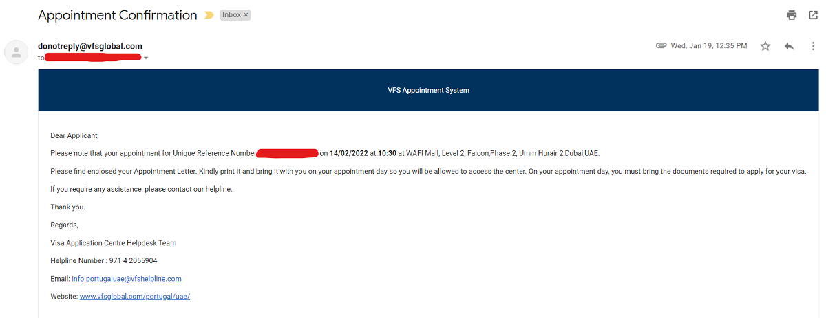 VFS Global E-mail Confirmation of  Appointment in Dubai 