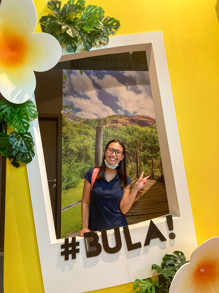 Fiji Pavilion in Expo 2020 - Photo Corner with Bula message (Hello in Fiji)