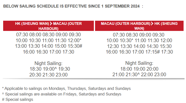 TurboJet Ferry Schedule between Hong Kong & Macau as of September 1, 2024