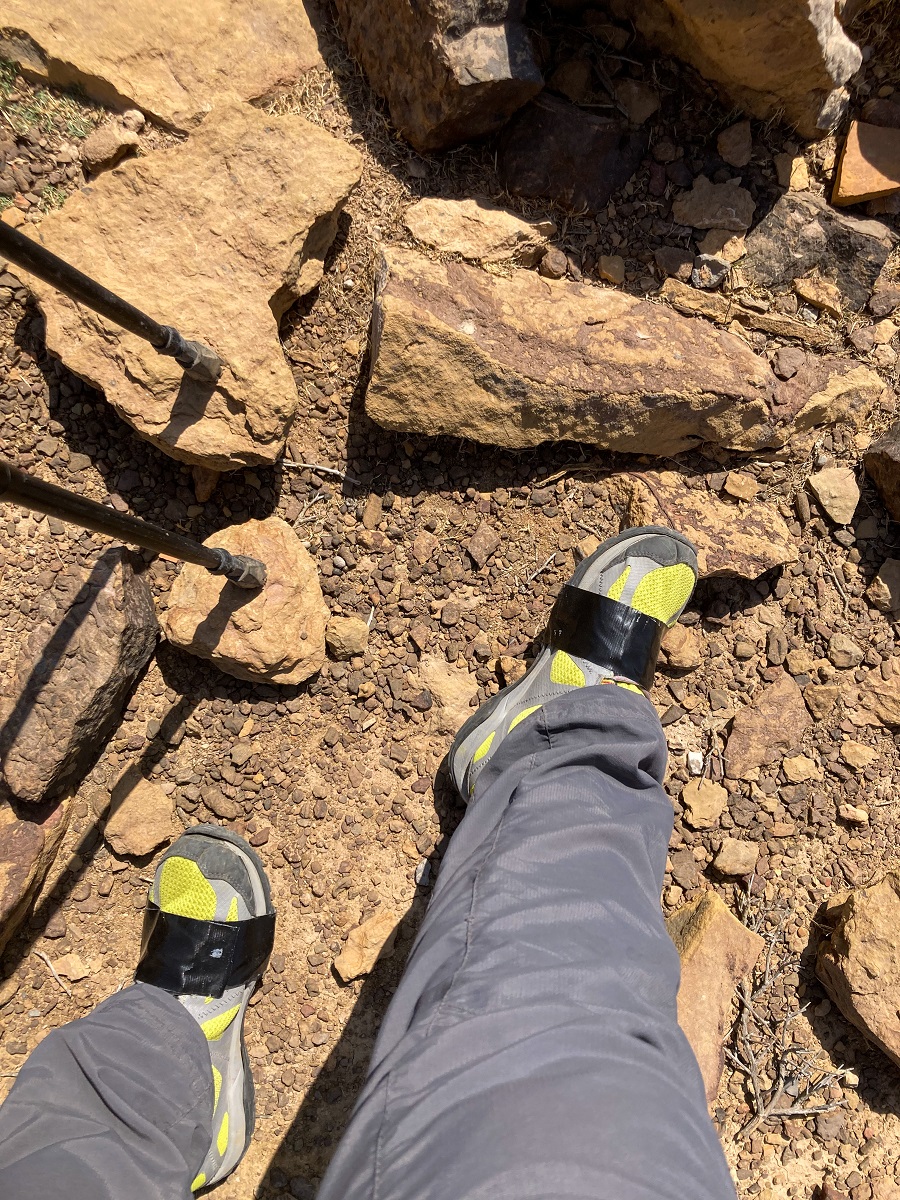 Columbia Shoes with a Duct Tape because the soles are peeling off