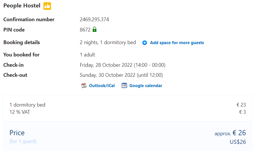 People Hostel Cost for 2 Nights 
