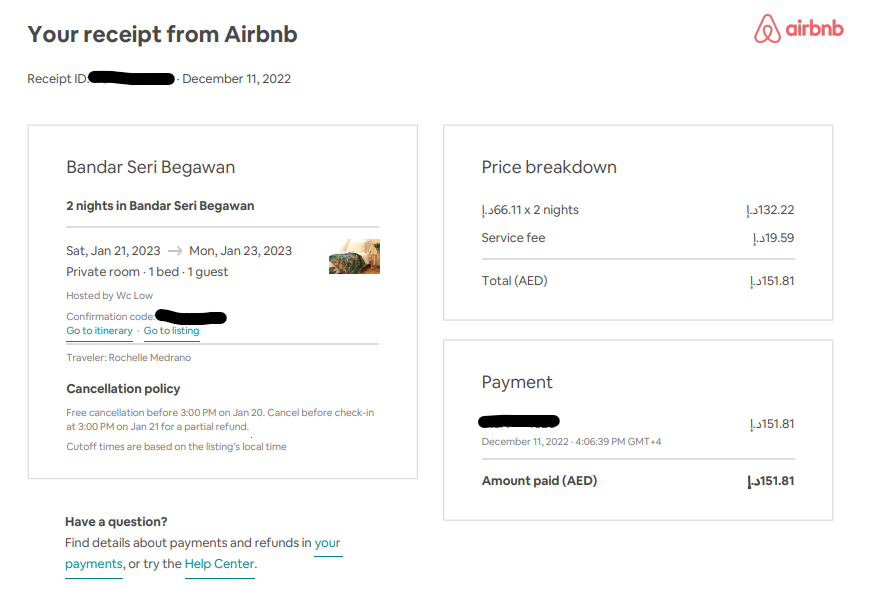 Booking Receipt of my Single Room (Room D) in BK Hostel in Bandar Seri Begawan, Brunei 