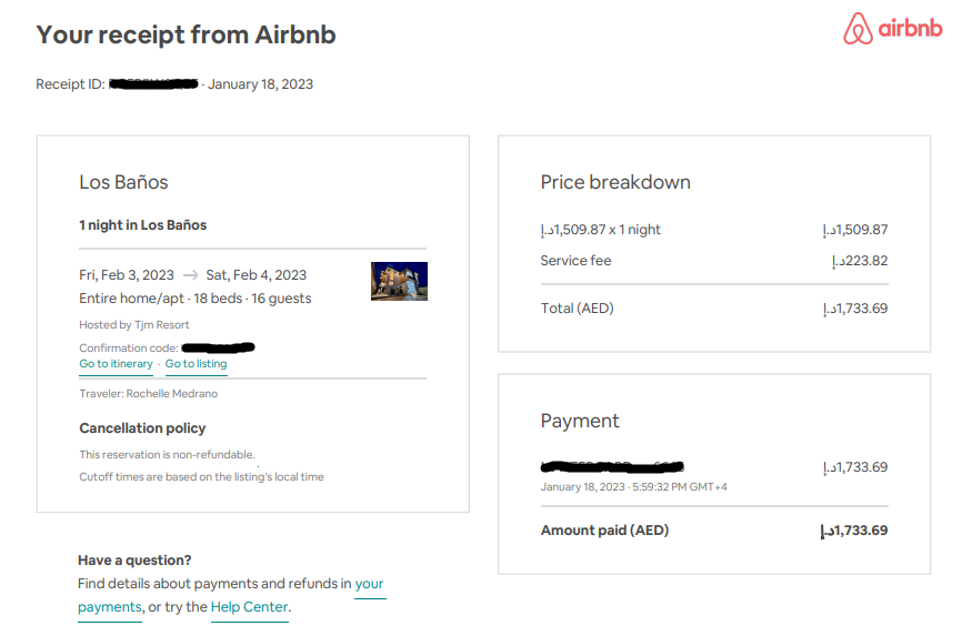 TJM Hot Spring Villas in Laguna Booking Receipt from Airbnb