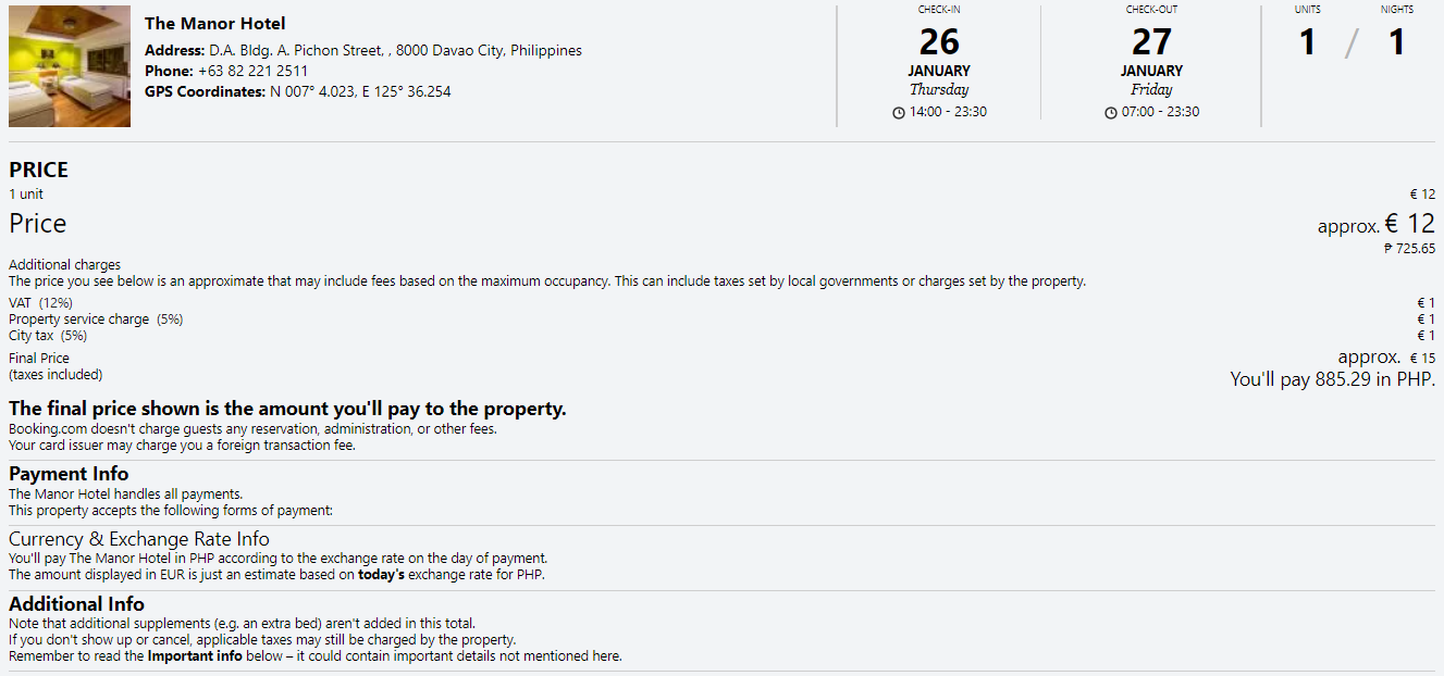 1 night cost in a Single Room at The Manor Hotel in Davao City