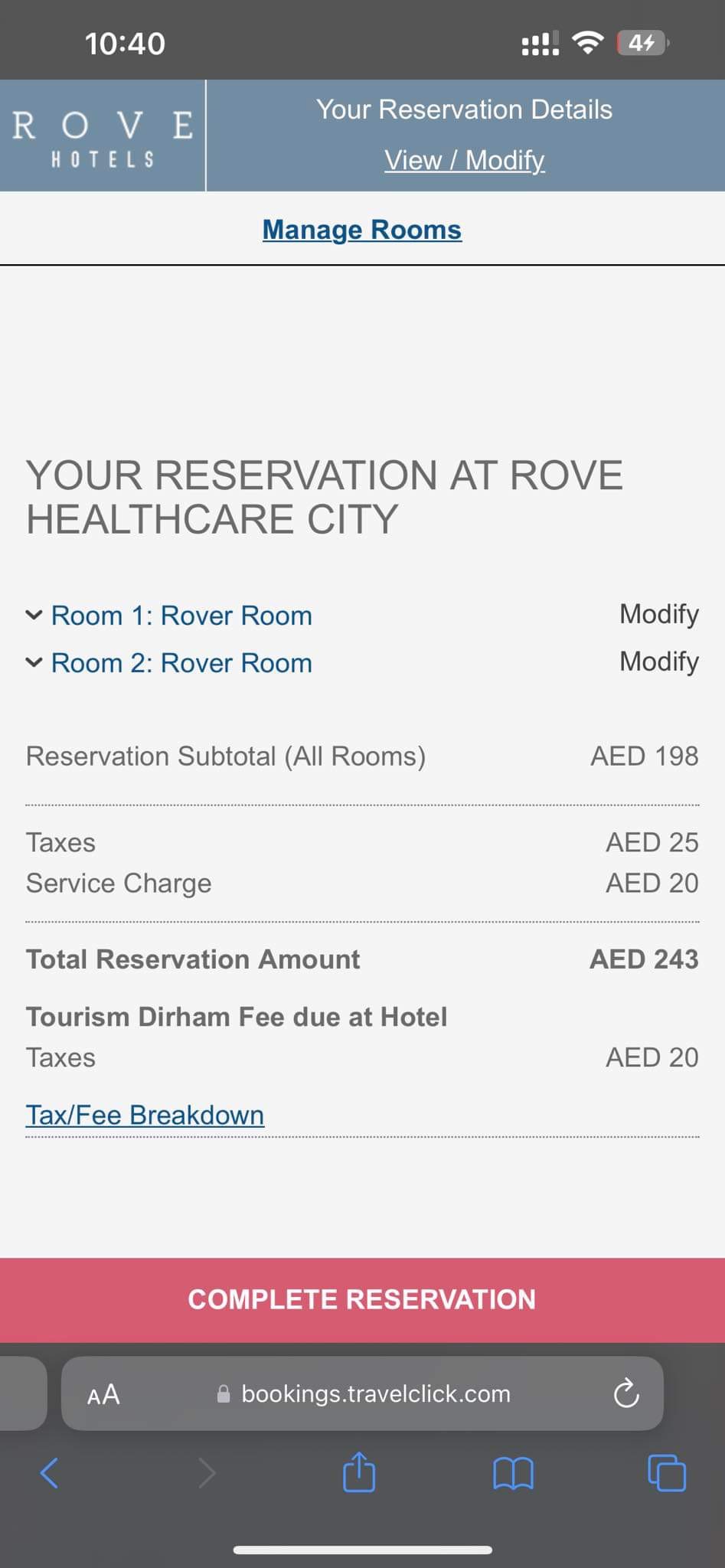 Rove Hotel 99 AED Flash Sale Cost Screenshot - Rove Healthcare City is selected 
