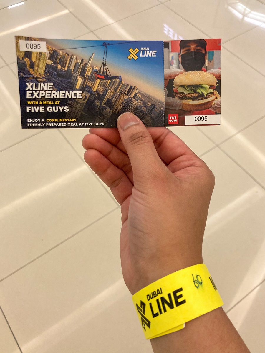 Complimentary Voucher from my zipline experience in XLine Dubai - a complimentary meal at Five Guys