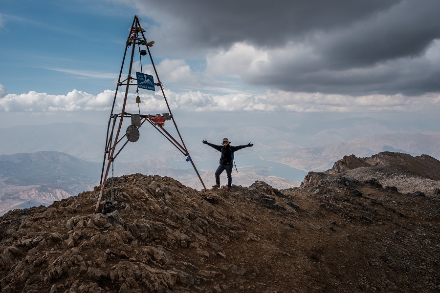 The three-legged tower with the famous kettlebell at the summit of Big Chimgan Trail in Uzbekistan