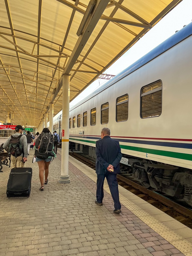 Train Platform of Sharq Train from Tashkent bound to Bukhara stopping at Samarkand by Uzbek Railways