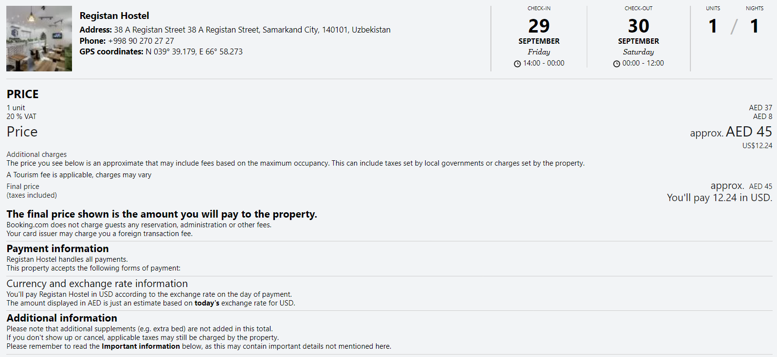 Registan Hostel Cost in Booking.com