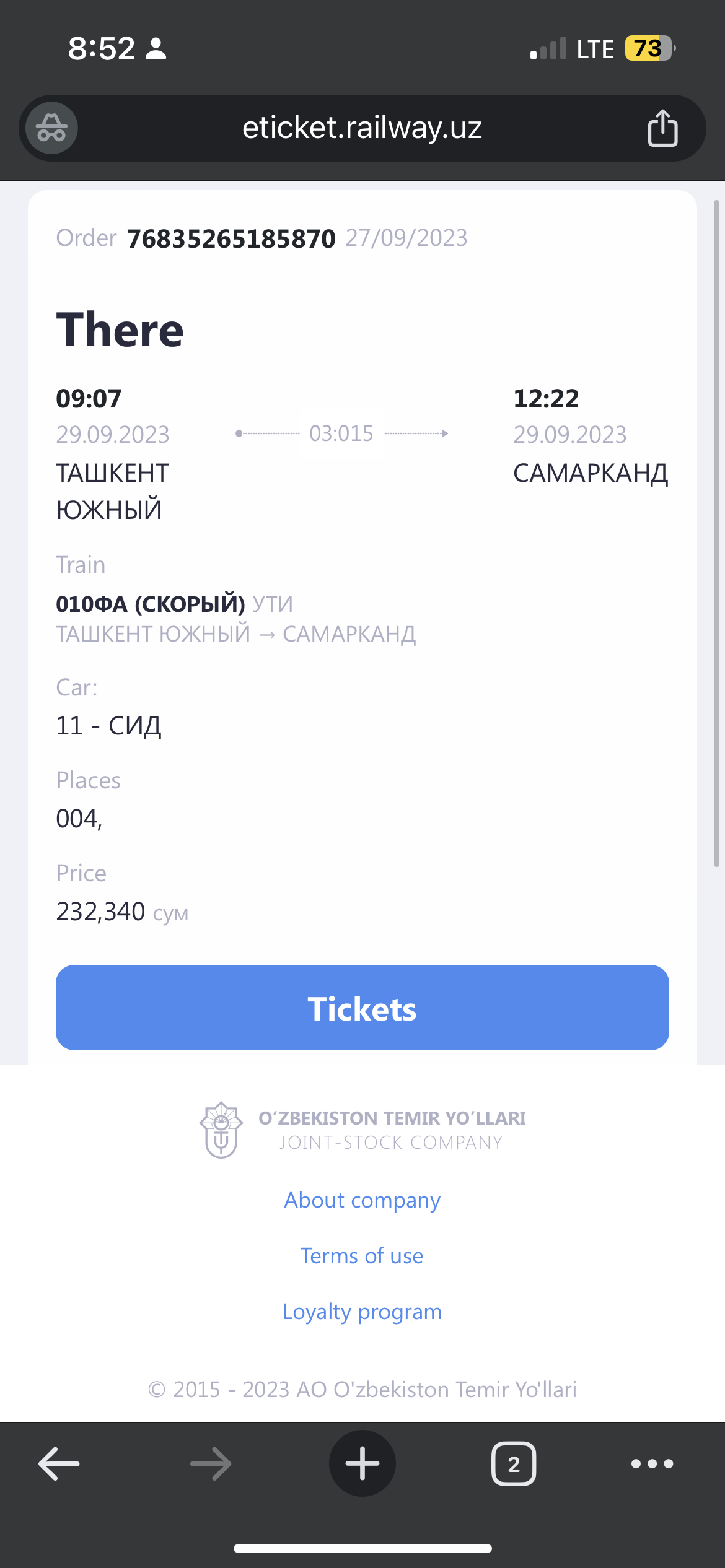 Ticket confirmation from Uzbek Railways after booking my train ticket for Tashkent to Samarkand via Sharq Train
