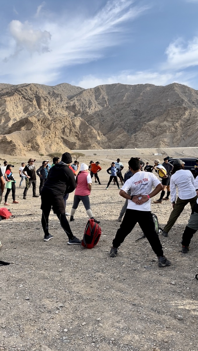 Hikers warming up for the Cancer Awareness Climb 