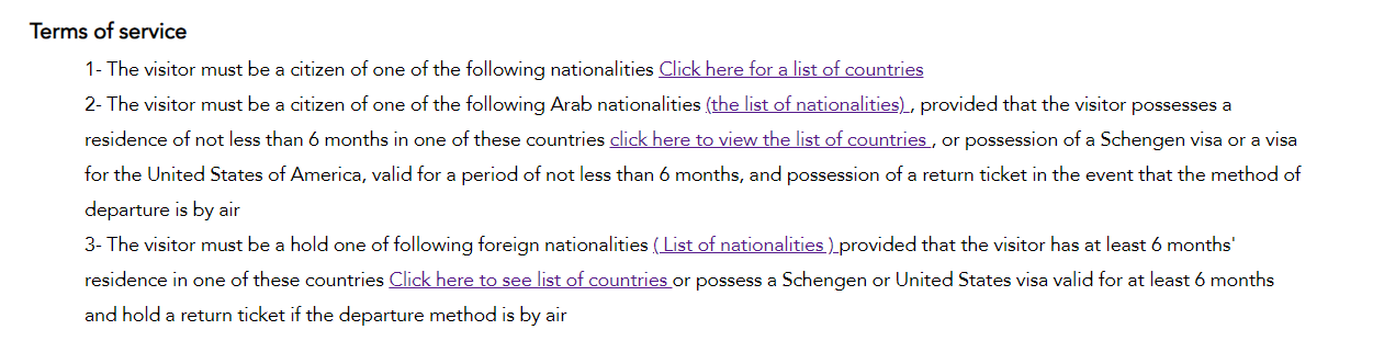 Terms of Services on the Eligibility of Jordan Tourist Electronic Visa as stated through the E-Services Site of Ministry of Interior: