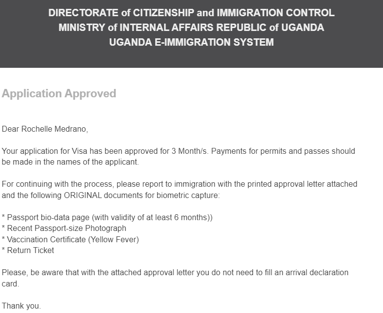 Application Approval from Uganda Immigration Department