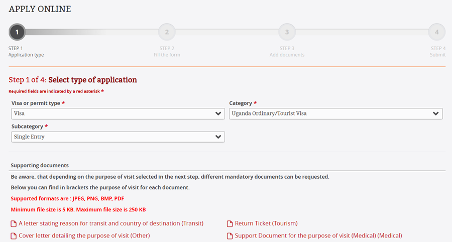 Uganda E-Visa Application Process Step 1 - Select Application Type
