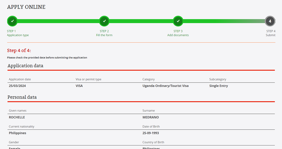 Uganda E-Visa Application Process Step 4 - Submit