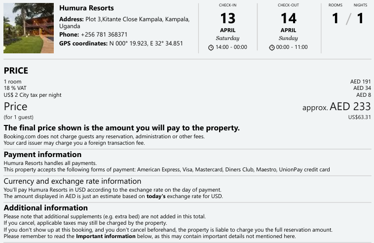 Humura Resorts hotel Cost as booked through Booking.com