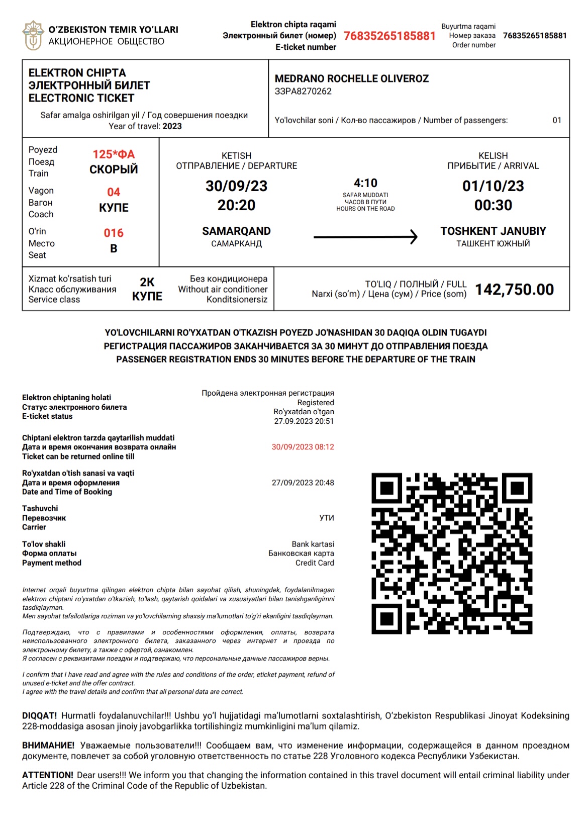 Train ticket copy for my Samarkand to Tashkent journey via Uzbek Railways back in September 2023