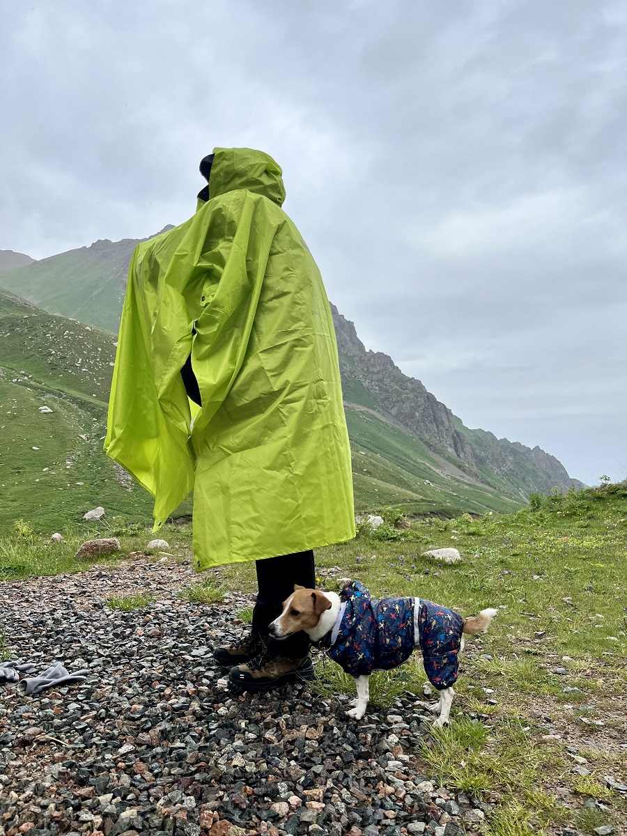 Hiker and her dog wearing raincoats in Shymbulak 