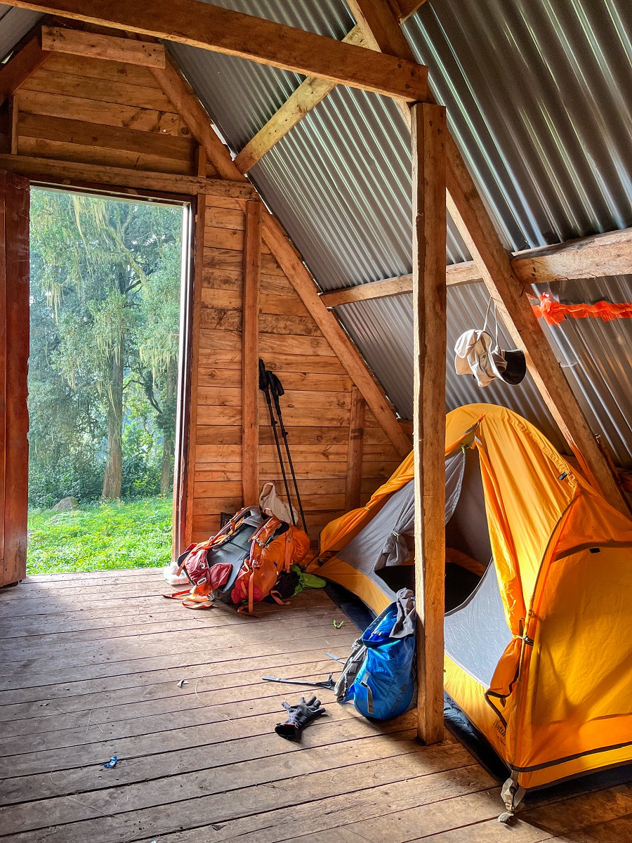 Inside the A-Frame hut where I pitched the tent for the night 