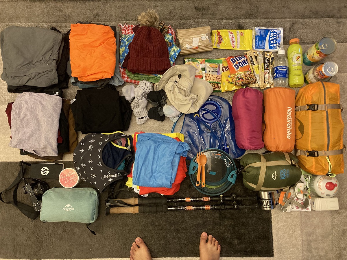 Flatlay of my Hiking Pack during RAKTRAV 2020 with suggested birthday gift idea items 