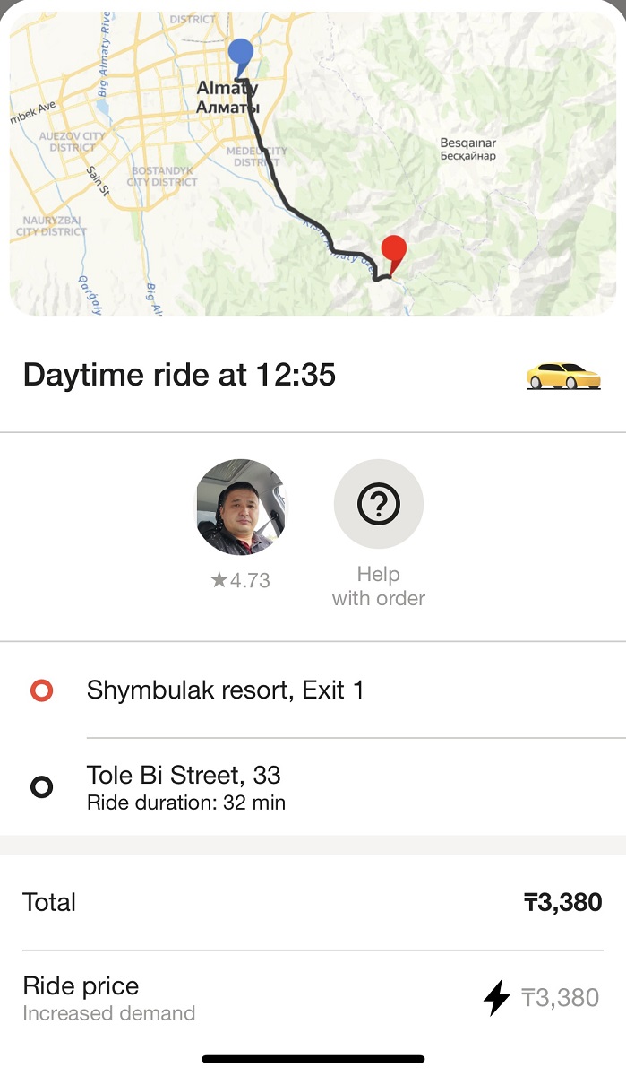 Yandex Taxi Cost to Medeu Sports Complex