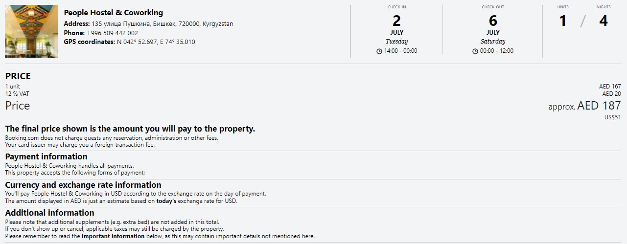 Booking Cost in People Hostel & Coworking in Bishkek