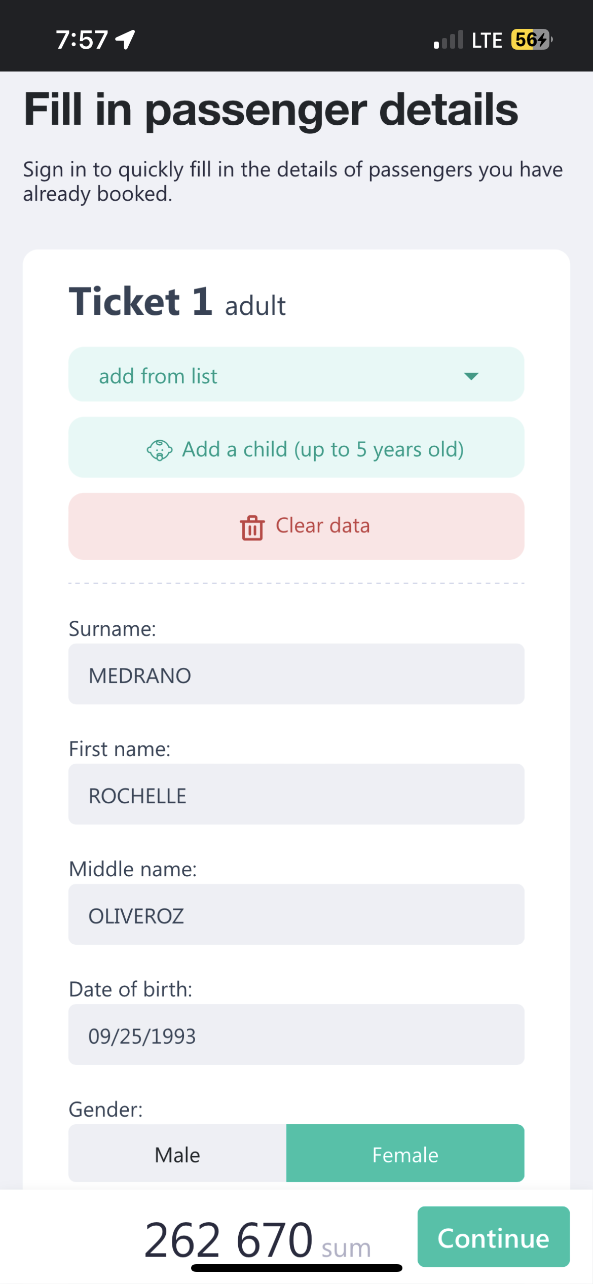 Entering passenger information in Uzbek Railways website through mobile version