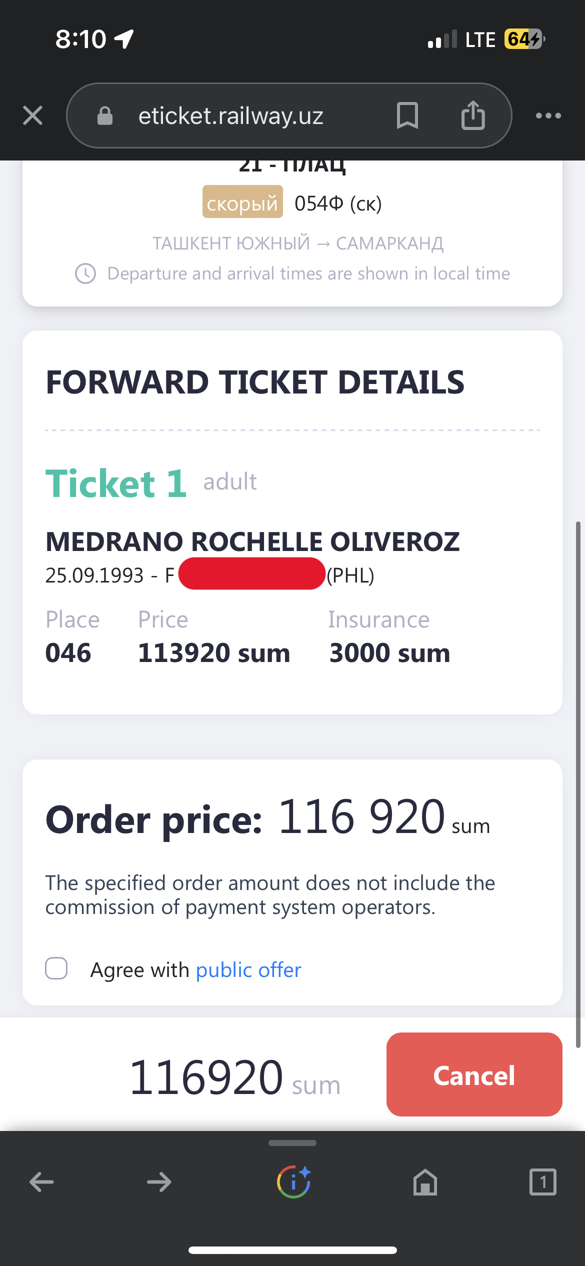 Order Confirmation of train tickets from Tashkent to Samarkand booked through Uzbek Railways