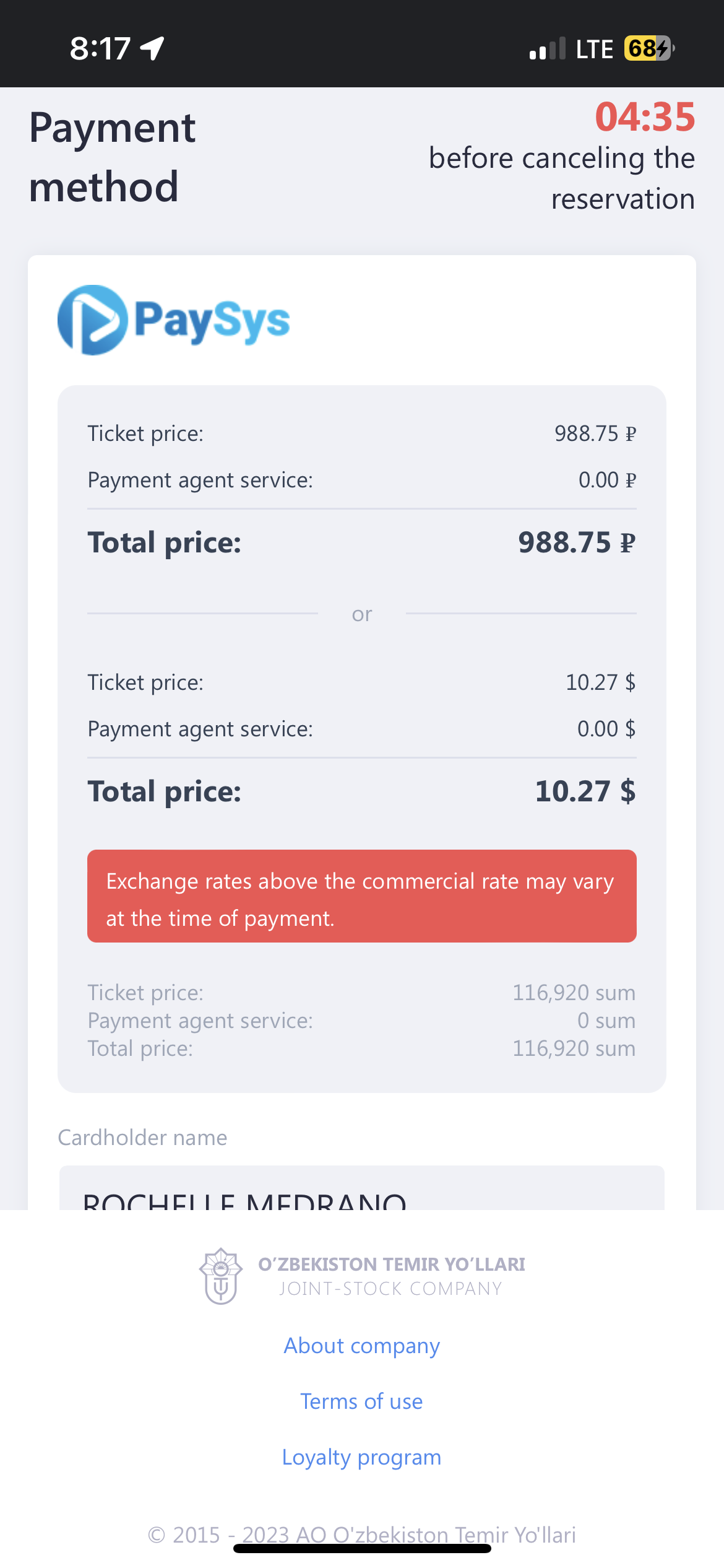 Paying for Uzbek Railways train tickets