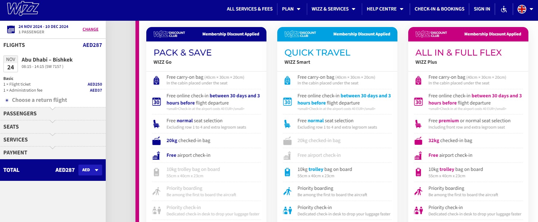 Wizz Air Abu Dhabi Pricing Plan and inclusions 