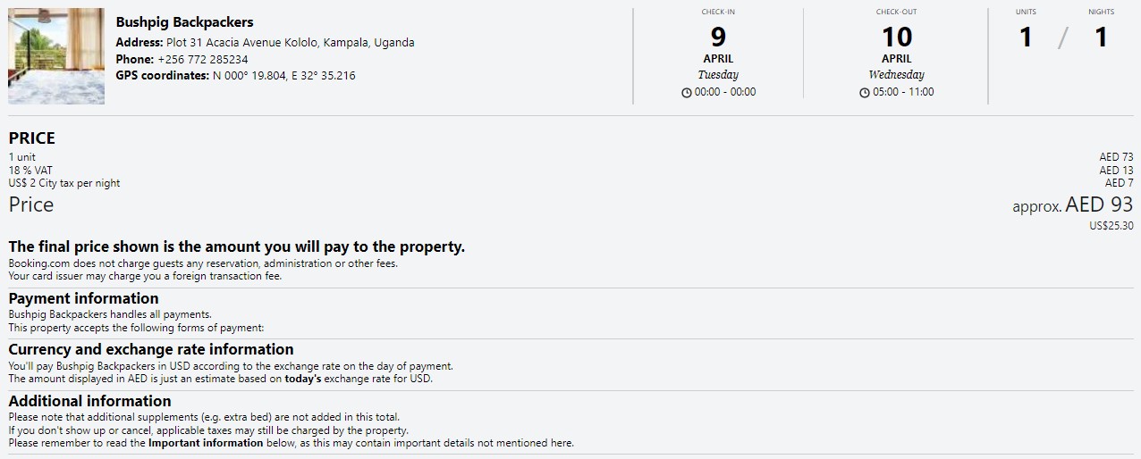 Bushpig Backpackers Hostel Cost during my stay in April 2024