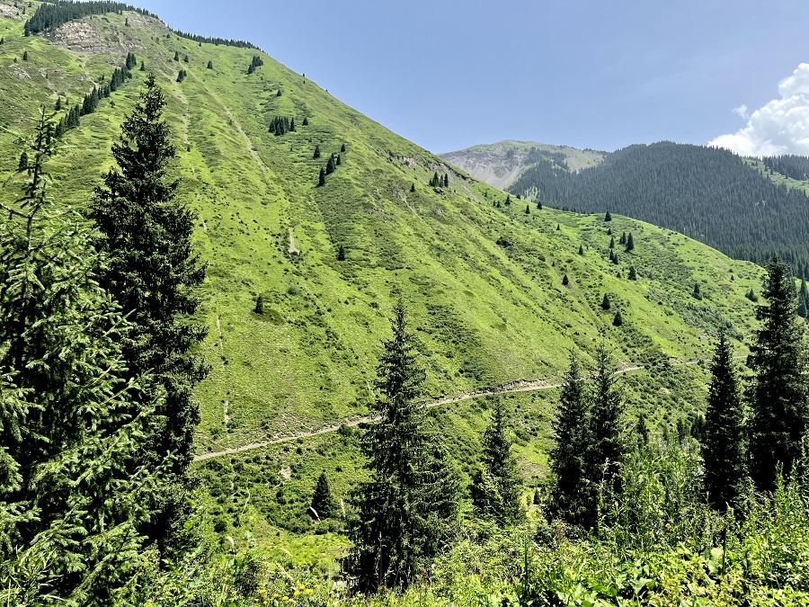The horse trail that leads to the Kaindy Lake as seen from the hiking trail on the other side of the mountain