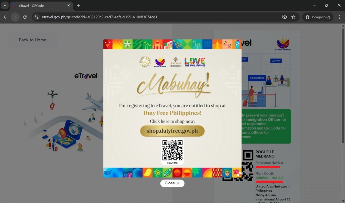 Successful Registration of eTravel with your Green QR Code - Ready to travel to Philippines