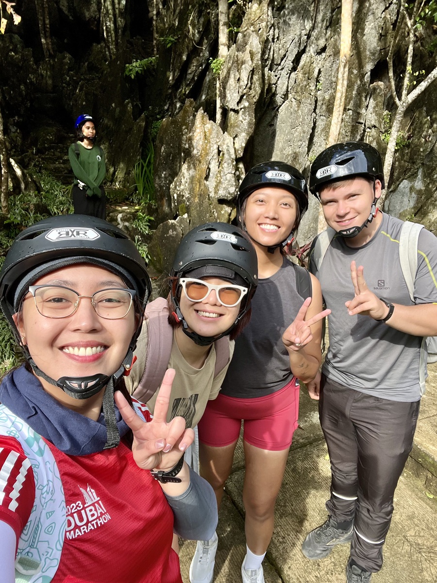 Wearing helmets for our hike in Masungi Georeserve via Discovery Trail