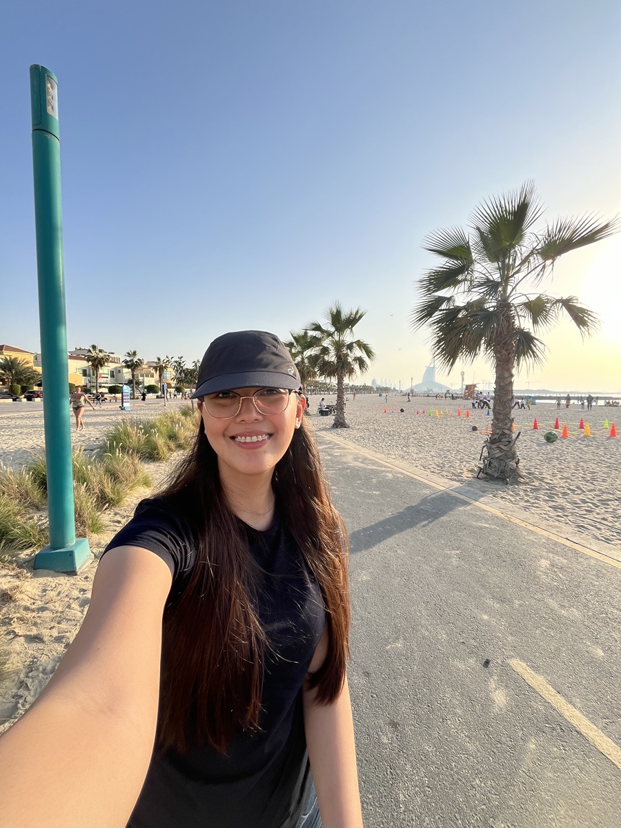 Selfie while cycling in Kite Beach using Careem Bike with Burj Al Arab in the background