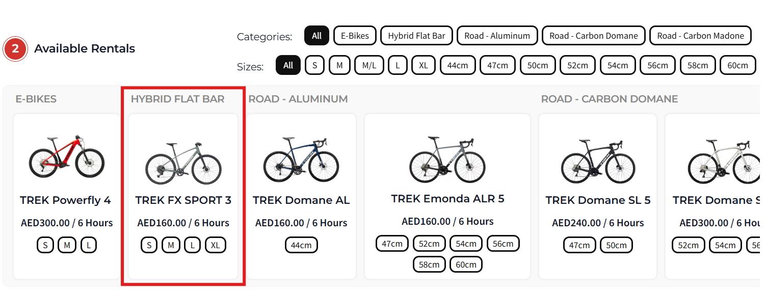 Screenshot of Bike Rental Option and Pricing in Al Qudra serviced by Trek Bikes UAE