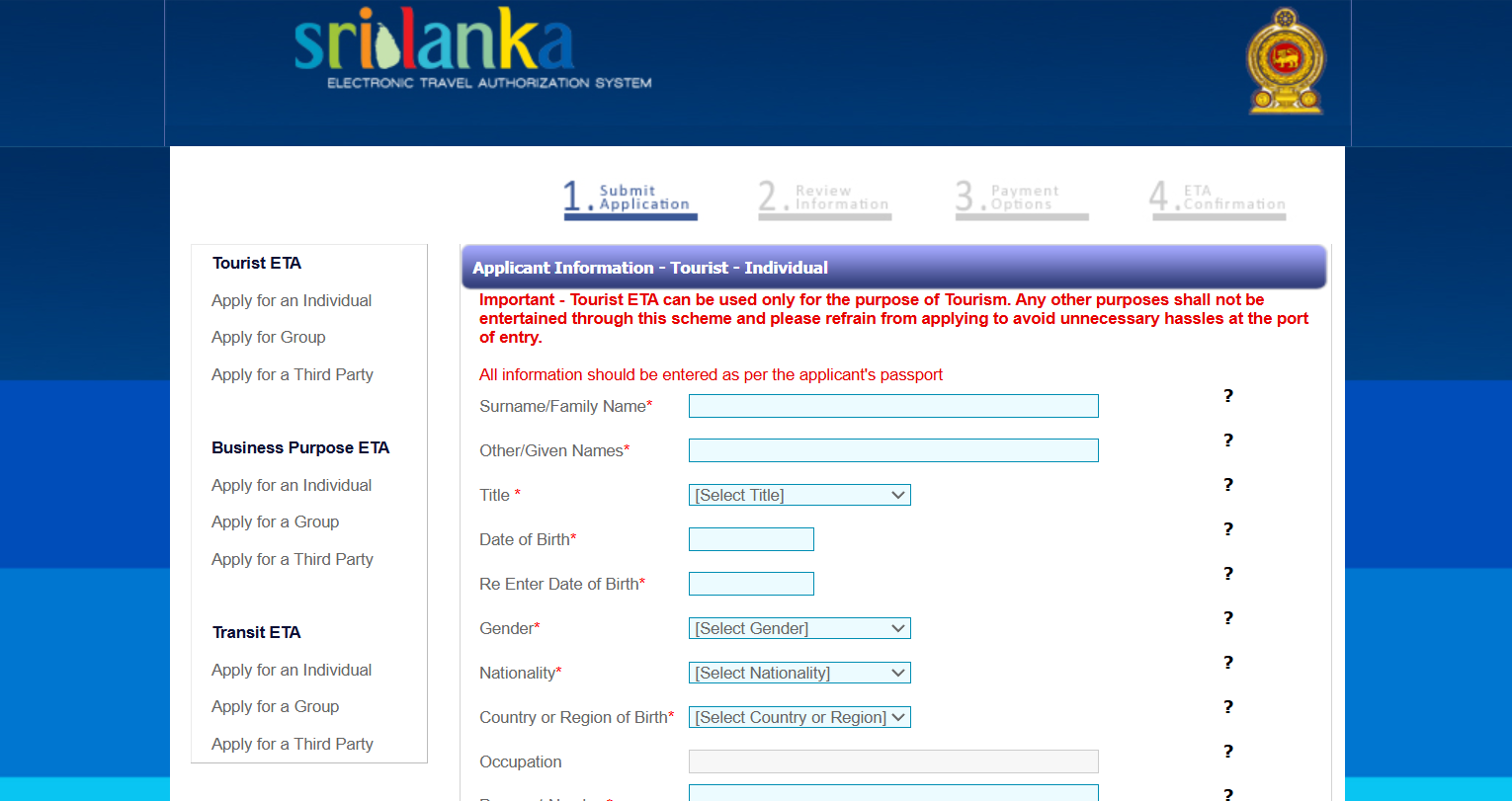 Sri Lanka ETA Application Process Step 1 - Fill Out Information