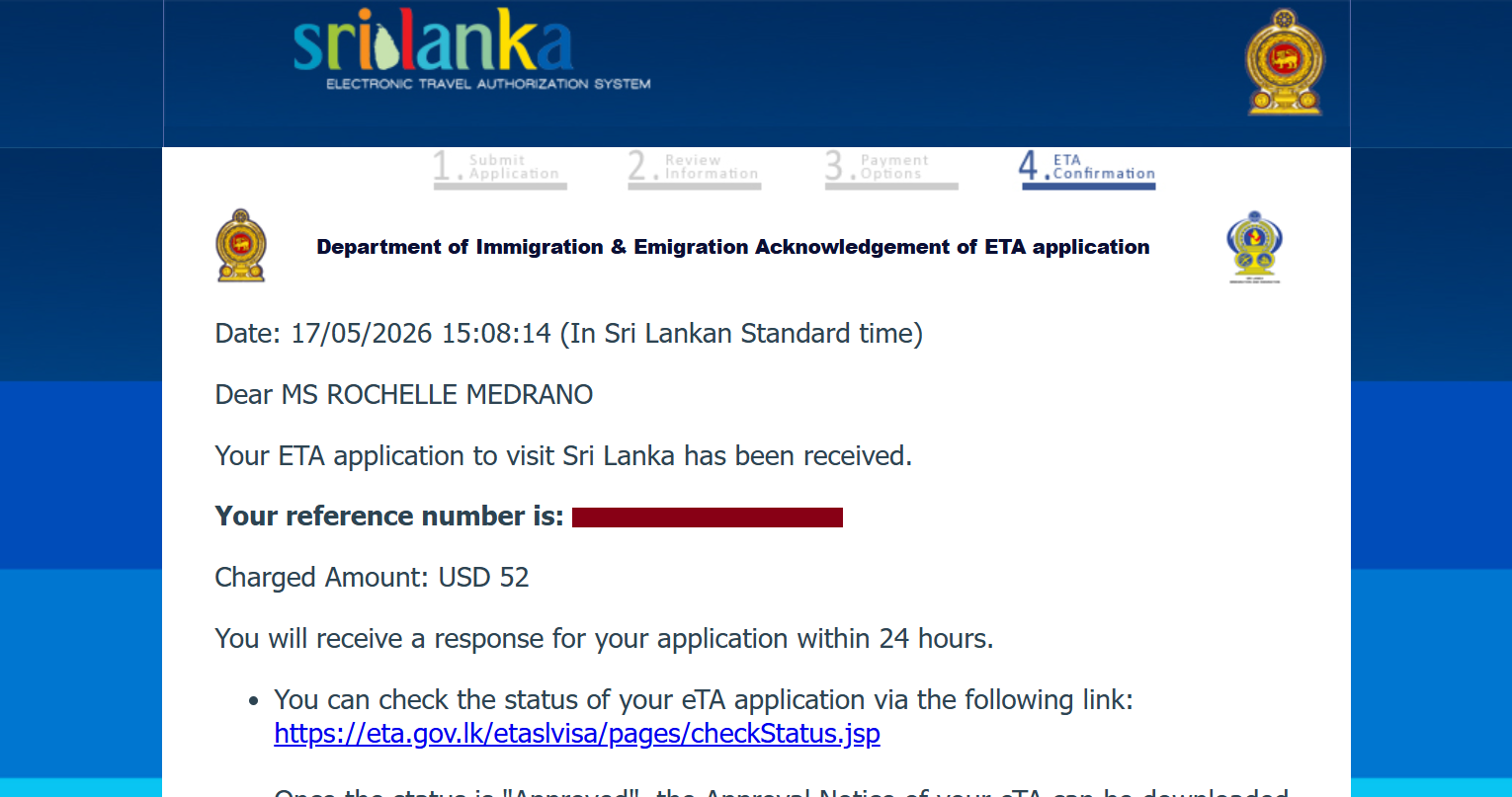 Sri Lanka ETA Application Process Step 4 - Acknowledgement 