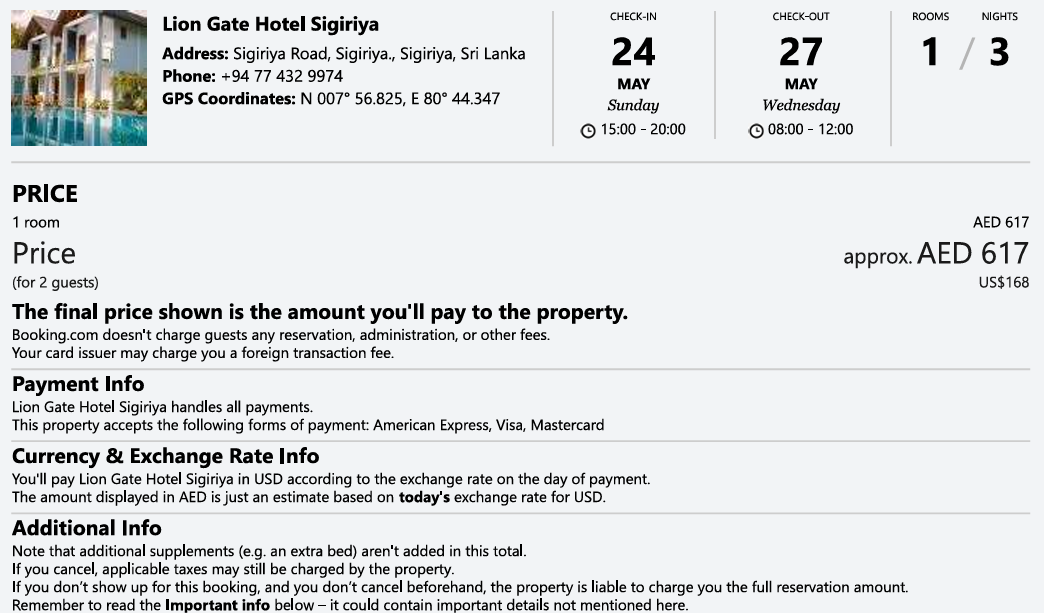 Hotel Room cost in Lion Gate Hotel in Sigiriya for 3 nights during May 2026 travel