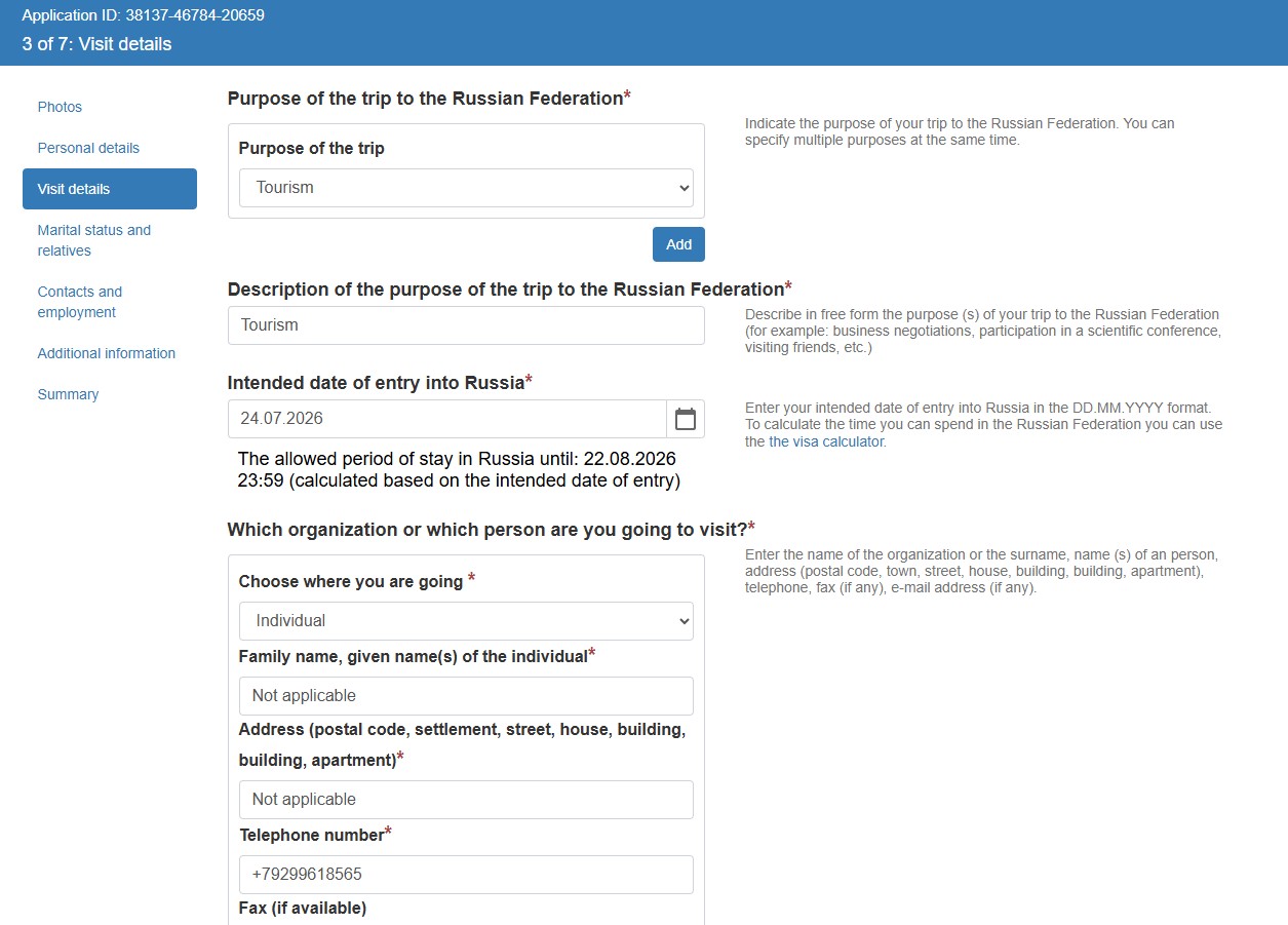 Russian E-Visa visit details,